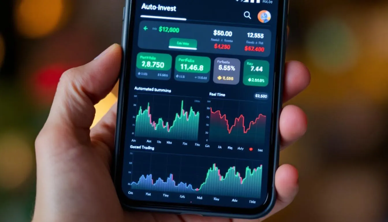 Auto_invest_finst De afbeelding toont een smartphone met de Auto Invest interface, waarop verschillende cryptocurrency grafieken zichtbaar zijn. De interface laat gebruikers zien hoe ze kunnen investeren in diverse crypto bundels en digitale activa via een betrouwbare Nederlandse crypto exchange.