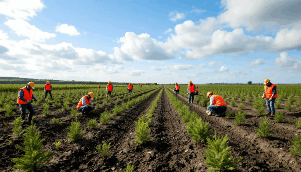 In de afbeelding zijn mensen te zien die bomen planten als onderdeel van een CO2 compensatieproject, wat bijdraagt aan de strijd tegen klimaatverandering. Deze activiteit benadrukt het belang van duurzame initiatieven en het maken van een positieve impact op het milieu.