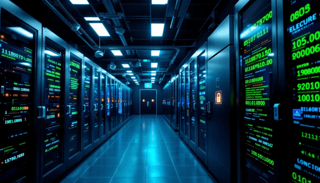Een beveiligde bankinfrastructuur wordt afgebeeld met symbolen van encryptie, wat de nadruk legt op de bescherming van bankrekeningen en het voorkomen van verdachte transacties. Deze afbeelding benadrukt het belang van compliance en het waarborgen van een veilige bankomgeving, zoals die van bunq, in de strijd tegen mogelijke financiële criminaliteit.