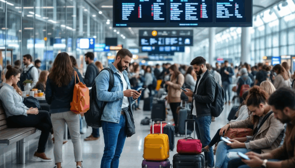 . Een groep internationale reizigers staat samen, terwijl ze hun mobiele telefoons gebruiken voor betalingen. De afbeelding benadrukt het gemak van moderne bankieren, zoals het maken van betalingen met bunq, in tegenstelling tot traditionele banken, en het belang van veilige transacties om mogelijke financiële criminaliteit te voorkomen. .