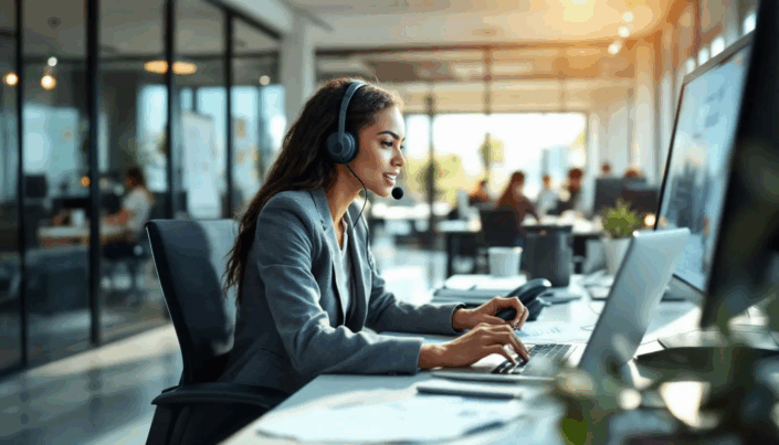 klantenservice_finst Een klantenservice medewerker met een hoofdtelefoon zit aan een bureau in een modern kantoor, terwijl hij telefonisch ondersteuning biedt aan klanten over verschillende cryptocurrencies en de diensten van de Nederlandse crypto exchange. De omgeving is strak en professioneel ingericht, wat de moderne aanpak van de crypto service provider benadrukt.