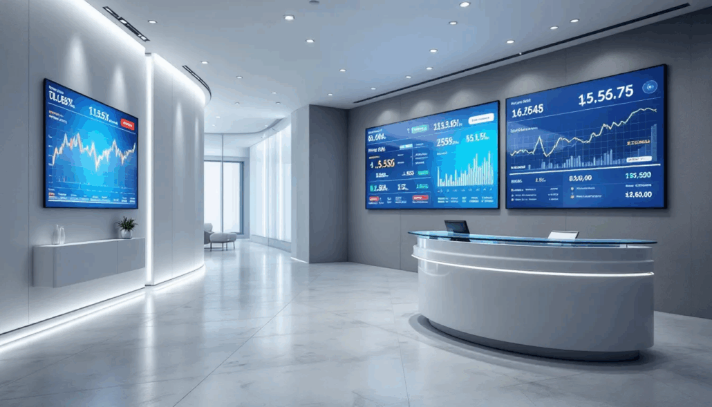 In het moderne bankkantoor zijn digitale schermen te zien die informatie over zakelijke rekeningen en bankdiensten tonen. Klanten kunnen hier hun zakelijke rekening openen en profiteren van online bankieren en andere zakelijke financiële producten.
