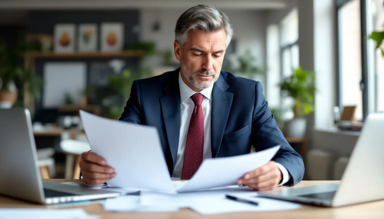 Een Nederlandse ondernemer zit aan een bureau en bekijkt documenten die nodig zijn voor het openen van een zakelijke rekening. Op de tafel liggen papieren met informatie over zakelijke bankrekeningen en de stappen die nodig zijn voor het openen ervan.